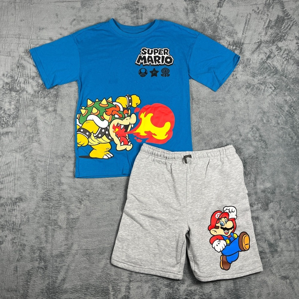 Super Mario Boys 2 Piece T-Shirt and Shorts Set Blue Gray Graphic Size 10/12